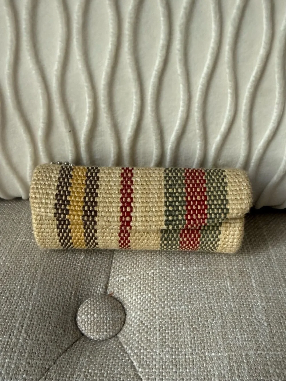 Woven Multi-Stripe Lipstick Case Holder with Mirror & Ball Chain Accessory